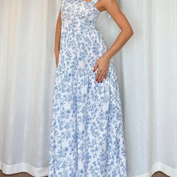 Blue And White Boho Floral Women's Elegant Long Dress - Picture 6 of 6